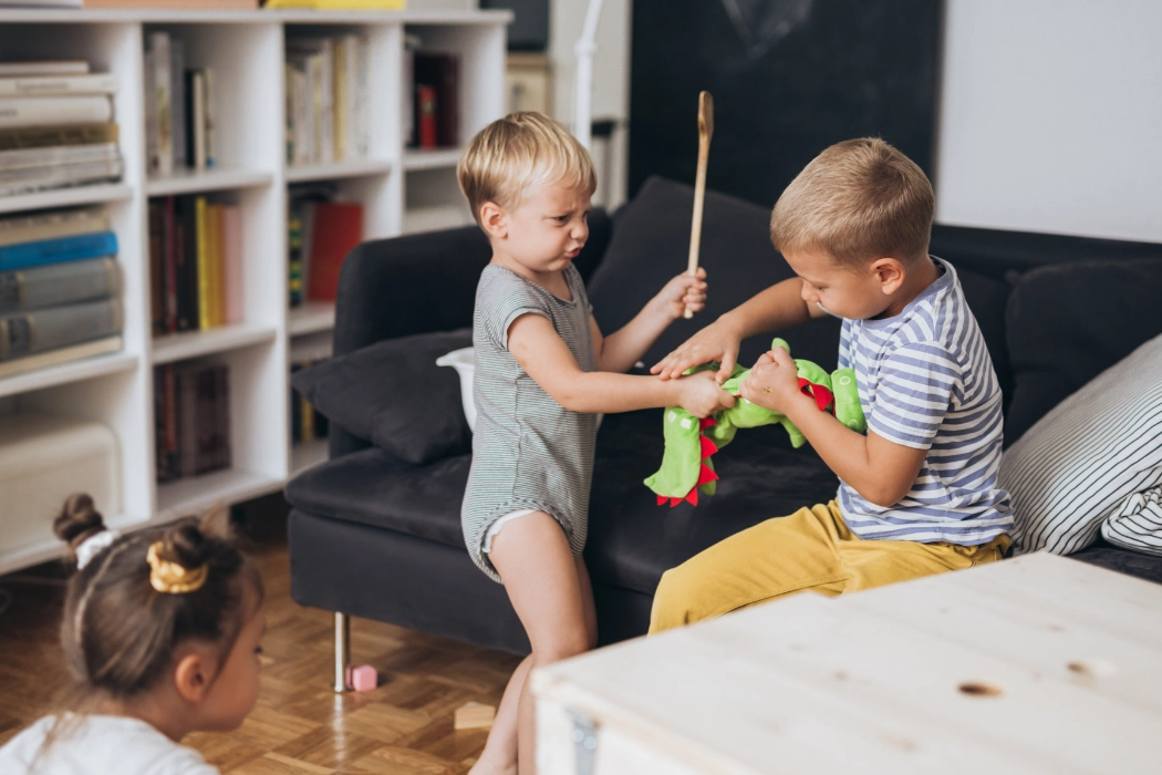 Boys fighting over their toys in the living room with their sister watching.